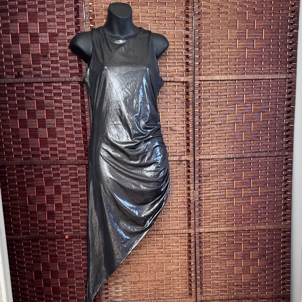 Olivia Rae Metallic Charcoal Asymmetrical Dress - M